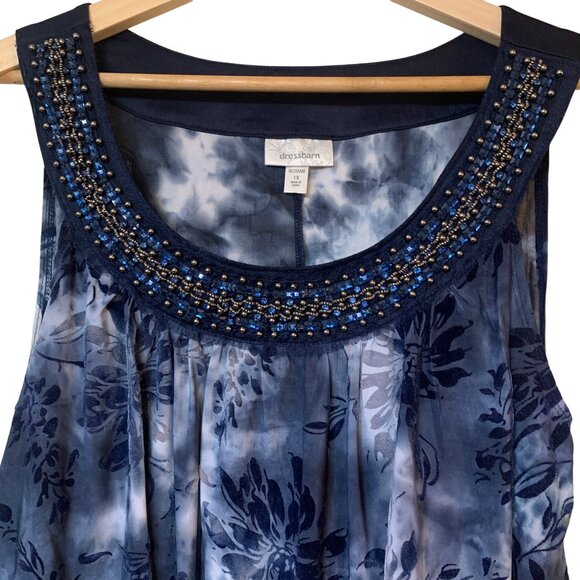 Dressbarn Women’s Top Blue Velvet Tie-Dye Burnout Sleeveless 1XL Beaded Neckline - Picture 2 of 13